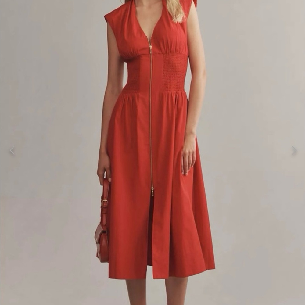 Anthropologie - The Tommie Cap-Sleeve Smocked Front-Zip Midi Shirt Dress (NWT)